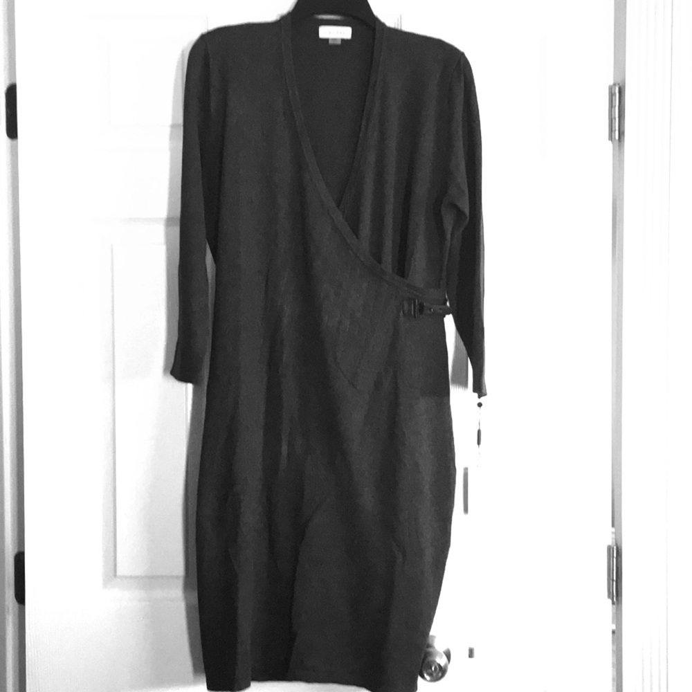 Grey Sweater Faux-Wrap Dress